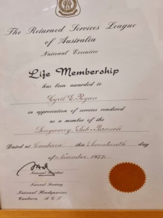 C Ryan Life Membership Cert