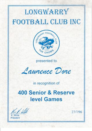 Laurie Dore 400 Games Certificate